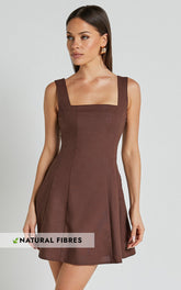 Adiana Mini Dress - Linen Square Neck Shirred Back A Line Dress in Chocolate
